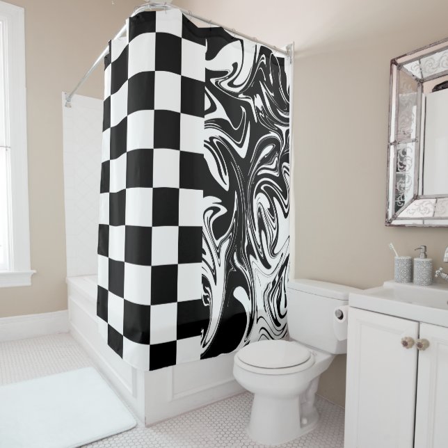 Checks and Swirls - Black and White Shower Curtain (In Situ)