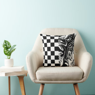 Checks and Swirls - Black and White Throw Pillow