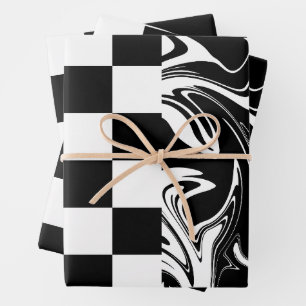 Checks and Swirls - Black and White Wrapping Paper Sheets