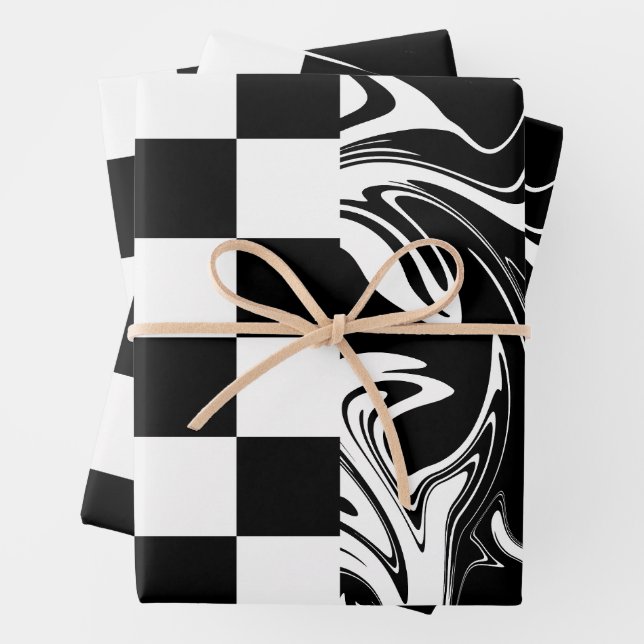 Checks and Swirls - Black and White Wrapping Paper Sheets (In situ)