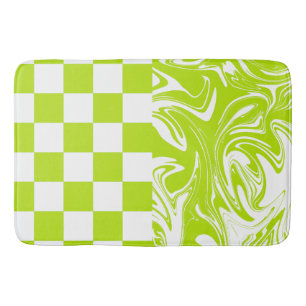 Checks and Swirls in Lime Green and White Bath Mat
