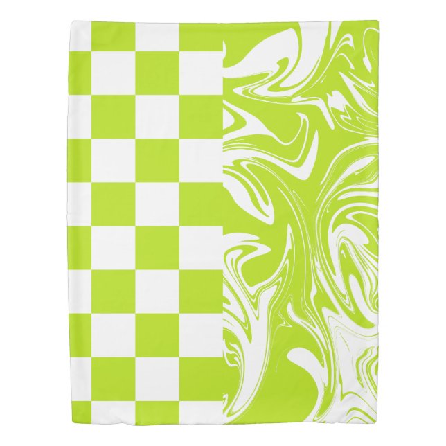 Checks and Swirls in Lime Green and White Duvet Cover (Front)