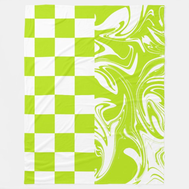 Checks and Swirls in Lime Green and White Fleece Blanket (Front)