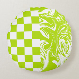 Checks and Swirls in Lime Green and White Round Pillow