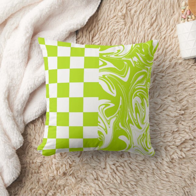 Checks and Swirls in Lime Green and White Throw Pillow (Blanket)