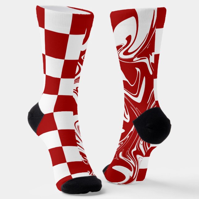 Checks and Swirls in Red and White Socks (Angled)