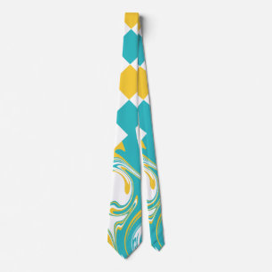 Checks and Swirls in Turquoise, Yellow, and White Neck Tie