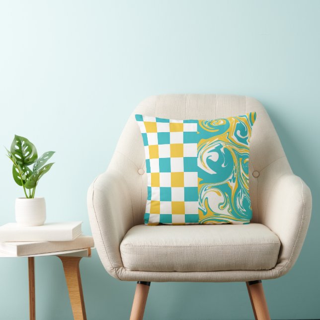 Checks and Swirls in Turquoise, Yellow, and White Throw Pillow (Chair)