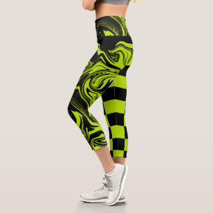Checks and Swirls - Lime Green and Black Capri Leggings