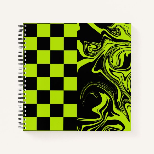 Checks and Swirls - Lime Green and Black Notebook (Front)