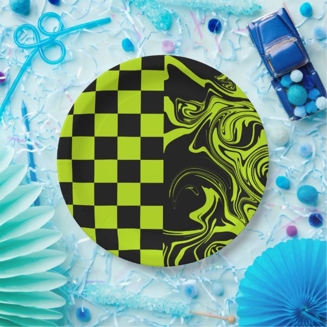 Checks and Swirls - Lime Green and Black Paper Plates (Party)