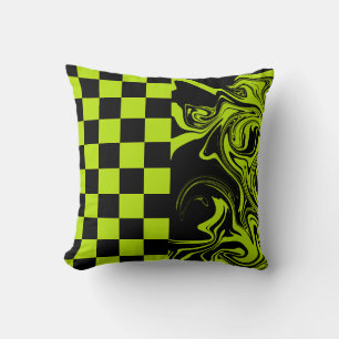 Checks and Swirls - Lime Green and Black Throw Pillow