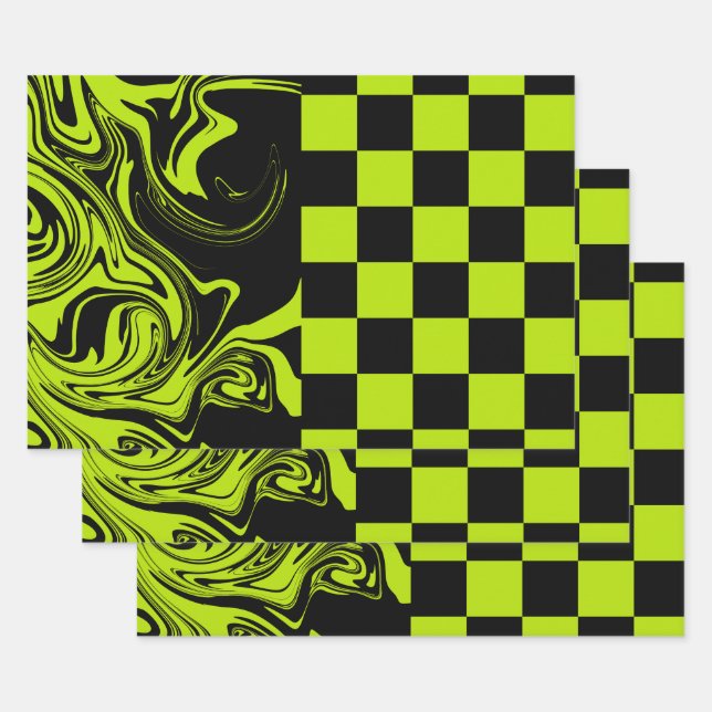 Checks and Swirls - Lime Green and Black Wrapping Paper Sheets (Set)