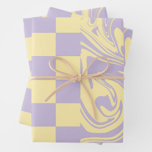 Checks and Swirls - Pastel Yellow and Purple Wrapping Paper Sheets