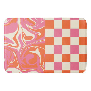 Checks and Swirls - Pink, Orange and Cream Bath Mat