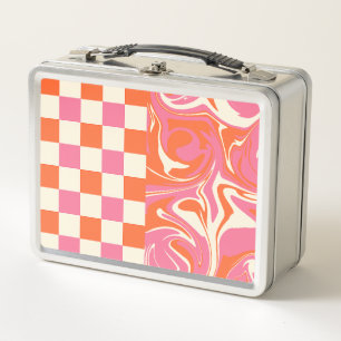 Checks and Swirls - Pink, Orange and Cream Metal Lunch Box