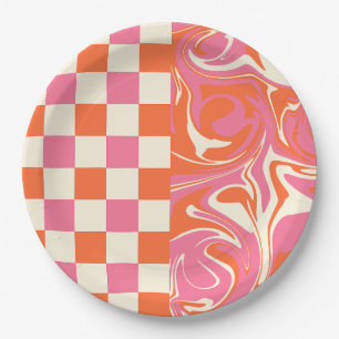 Checks and Swirls - Pink, Orange and Cream Paper Plates