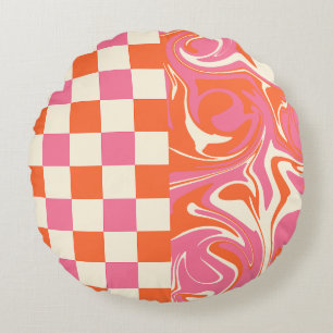 Checks and Swirls - Pink, Orange and Cream Round Pillow