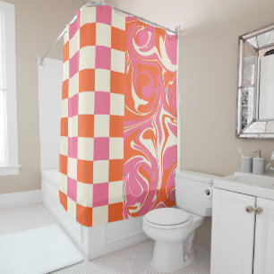 Checks and Swirls - Pink, Orange and Cream Shower Curtain