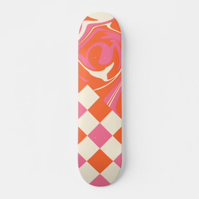 Checks and Swirls - Pink, Orange and Cream Skateboard (Front)