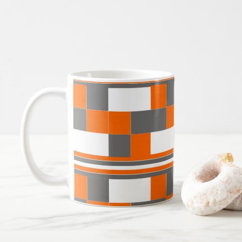 Checks Stripes Orange Grey White Pattern Coffee Mug
