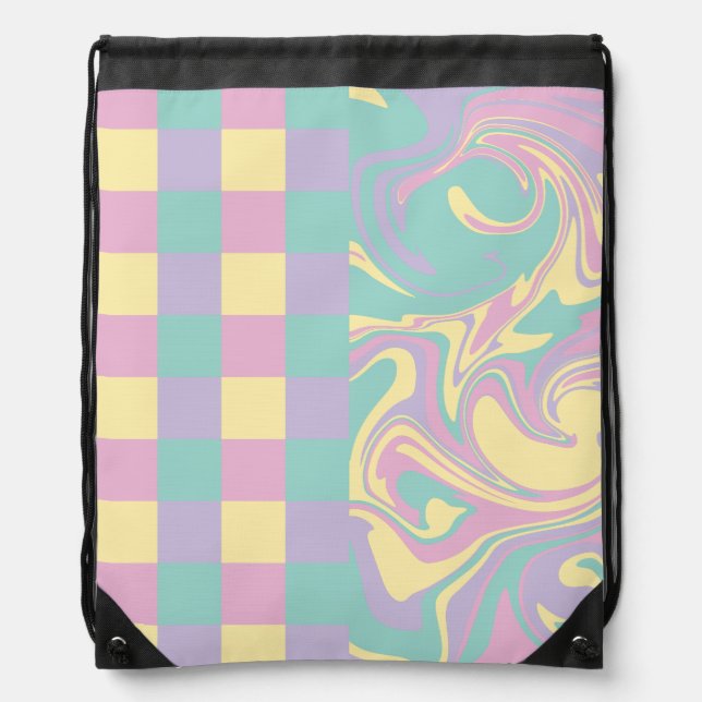 Checks & Swirls Pastel Pink,Yellow, Purple & Green Drawstring Bag (Front)