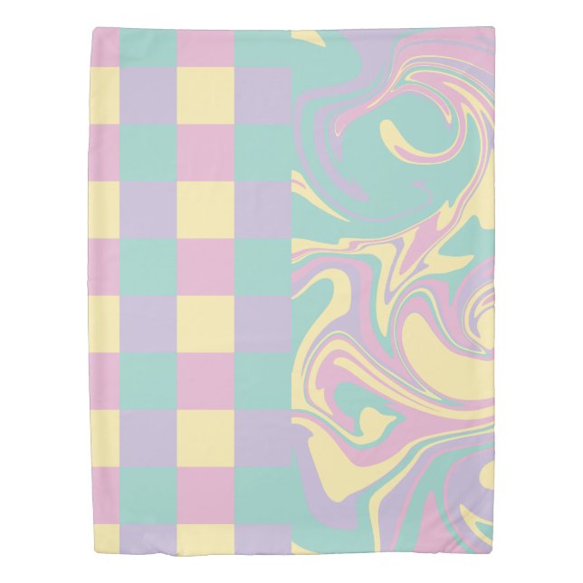 Checks & Swirls Pastel Pink,Yellow, Purple & Green Duvet Cover (Front)