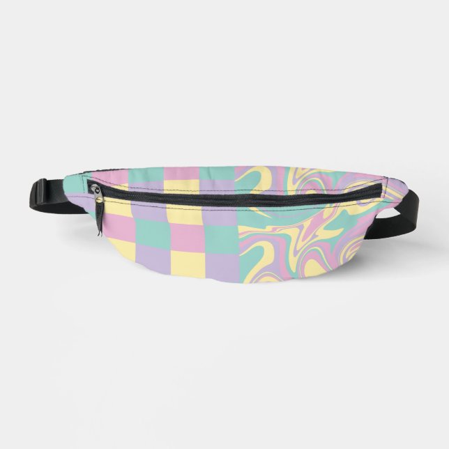 Checks & Swirls Pastel Pink,Yellow, Purple & Green Fanny Pack (Front)