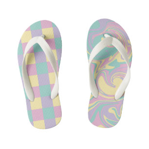 Checks & Swirls Pastel Pink,Yellow, Purple & Green Kid's Flip Flops