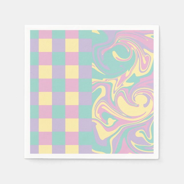 Checks & Swirls Pastel Pink,Yellow, Purple & Green Napkins (Front)