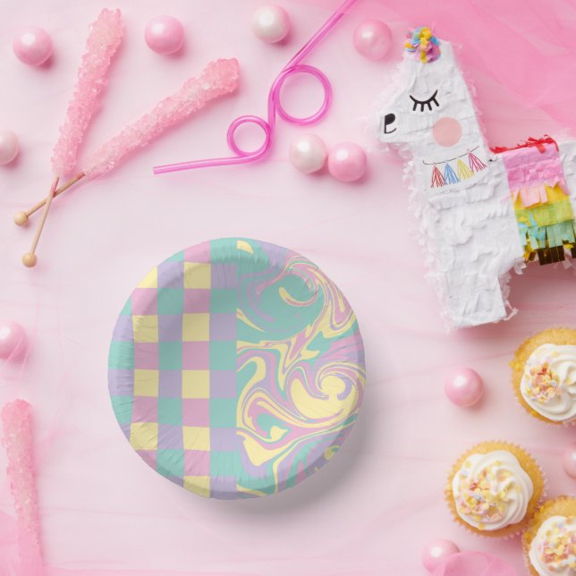 Checks & Swirls Pastel Pink,Yellow, Purple & Green Paper Bowls (Party)