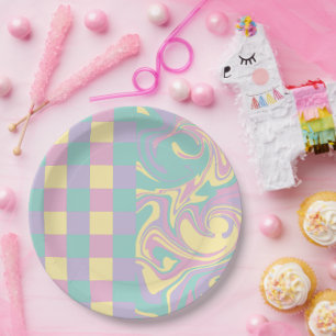 Checks & Swirls Pastel Pink,Yellow, Purple & Green Paper Plates