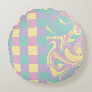 Checks & Swirls Pastel Pink,Yellow, Purple & Green Round Pillow