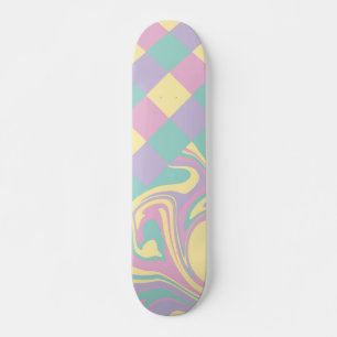 Checks & Swirls Pastel Pink,Yellow, Purple & Green Skateboard