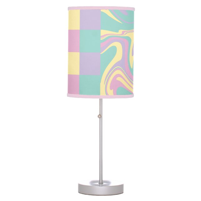 Checks & Swirls Pastel Pink,Yellow, Purple & Green Table Lamp (Front)