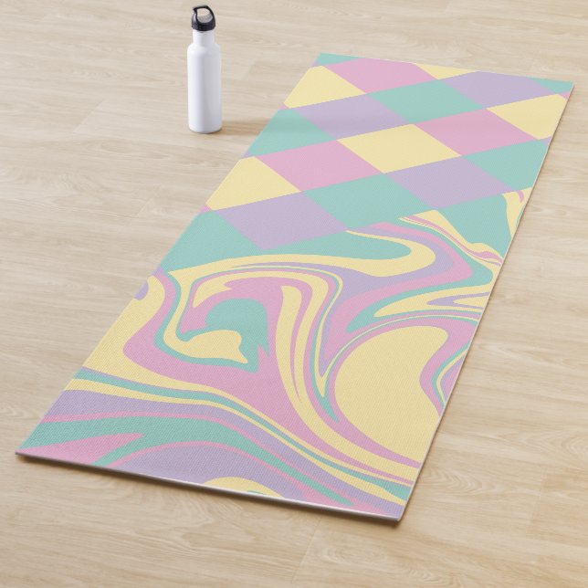 Checks & Swirls Pastel Pink,Yellow, Purple & Green Yoga Mat (In Situ)