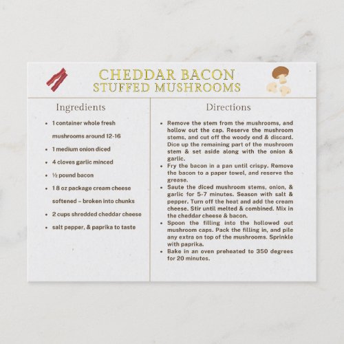 Cheddar Bacon Stuffed Mushrooms Recipe Card Food