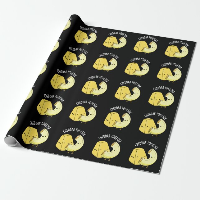 Cheddar Together Funny Food Pun Dark BG Wrapping Paper (Unrolled)