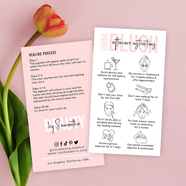 Cheek Blush Aftercare Feminine Pink PMU Artist Business Card (Fully editable, elegant pink Cheek Blush after care cards for PMU artists)