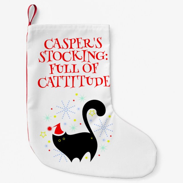 Cheeky Black Cat Santa Hat Cattitude Small Christmas Stocking (Front)
