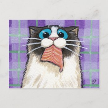 Cheeky Cat Eating Salmon Postcard by LisaMarieArt at Zazzle