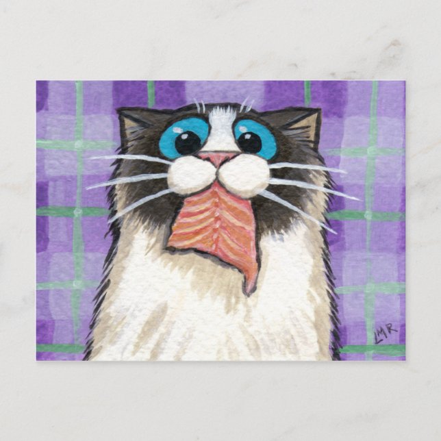 Cheeky Cat Eating Salmon Postcard (Front)