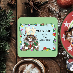 Cheeky Christmas Cat Humor Maine Coon Green Funny Beverage Coaster
