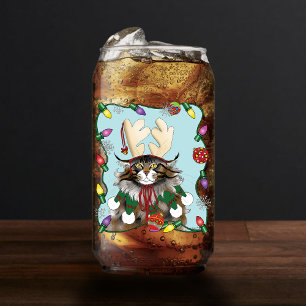 Cheeky Christmas Cat Humor Maine Coon Green Funny Can Glass