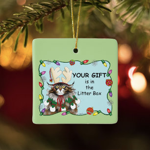 Cheeky Christmas Cat  Humor Maine Coon Green Funny Ceramic Ornament