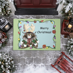 Cheeky Christmas Cat Humor Maine Coon Green Funny Doormat