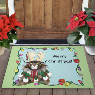 Cheeky  Christmas Cat Humor Maine Coon Green Funny Doormat