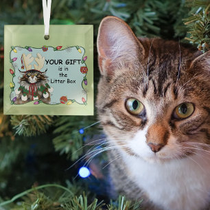 Cheeky Christmas Cat Humor Maine Coon Green Funny Glass Ornament