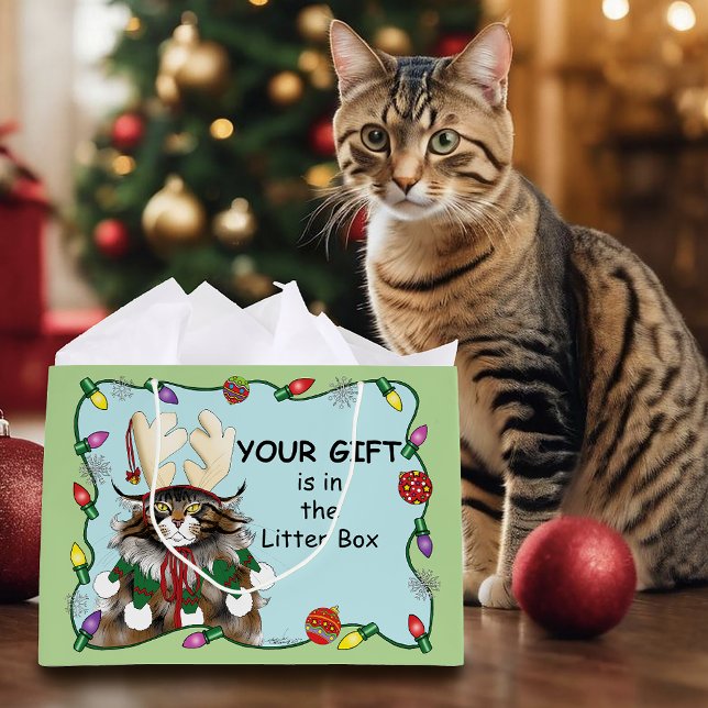  Cheeky Christmas Cat Humor Maine Coon Green Funny Large Gift Bag (Creator Uploaded)