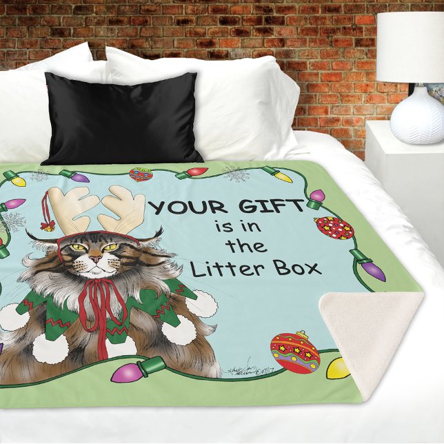  Cheeky Christmas Cat Humor Maine Coon Green Funny Sherpa Blanket (Creator Uploaded)